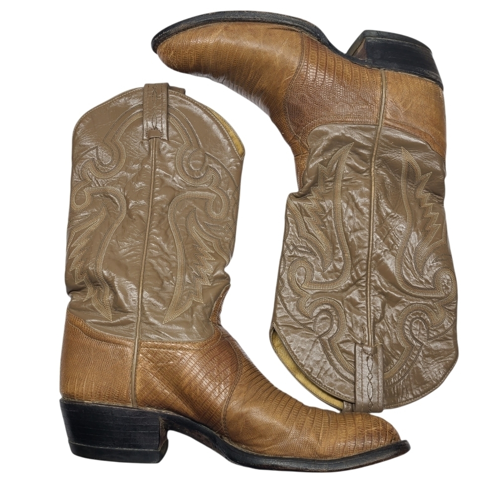 Tony Lama Tan And Cream Lizard R-Toe Exotic Western Boots Sz 8